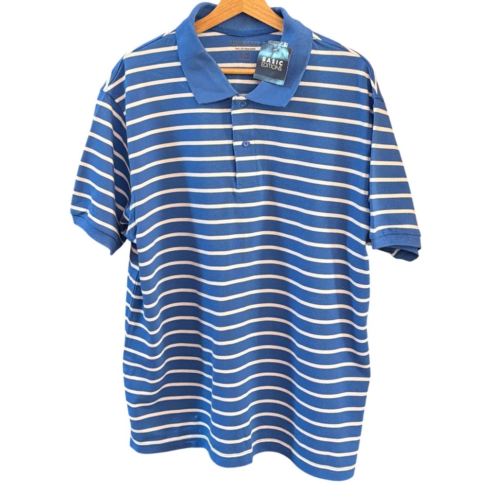 Y2K Deadstock Basic Editions Polo Shirt Blue White Striped Preppy Nautical Chic